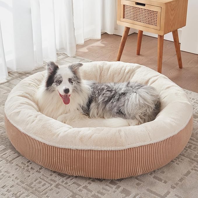 45 inches Calming Donut Dog Bed for Extra Large Dogs,Brown | Round Jumbo Pet Bed with Removable&Washable Cover,Plush Faux Fur & Corduroy, Fits Pets up to 100 lbs