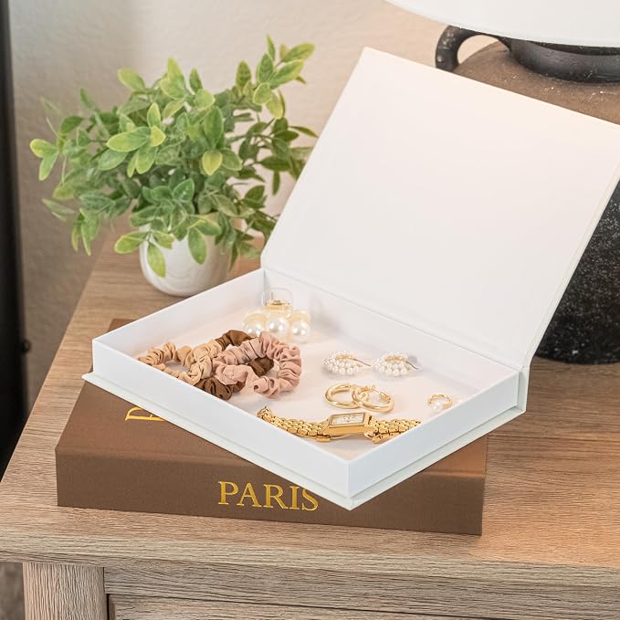 Decorative Books with Storage (Dark Brown/Beige) – Set of 2 Faux Linen Book Boxes with Gold Stamped Covers – Enhance Your Coffee Table, Bookshelf – Hidden Storage for Photos, Keepsakes, and Jewelry