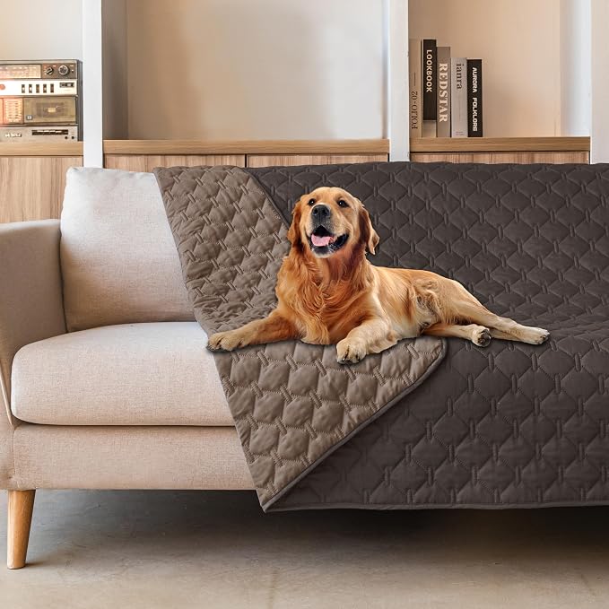 gogobunny Waterproof Dog Blankets for Large Dogs, Pet Bed Cover Breathable | Washable Pee Pads, Quilted Throw Blanket, Furniture Protector for Couch Sofa Bed Car, 82x82 Inch Dark/Light Coffee