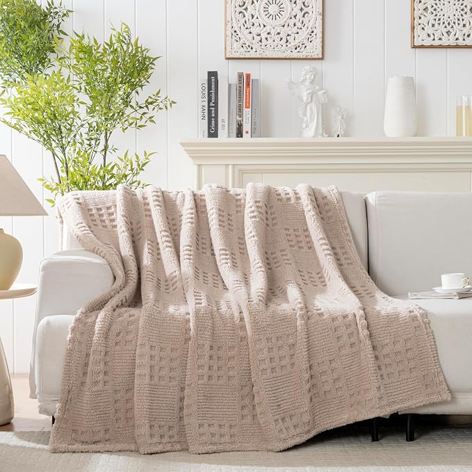 Waffle Brown Throw Blanket -Fluffy Fleece, Neutral Tan Color, Cute & Aesthetic, Perfect for Sofa, Couch, Chair, Bed, Living Room & Bedroom, All-Season Use, Plush & Cozy Decorative Blanket 50x60