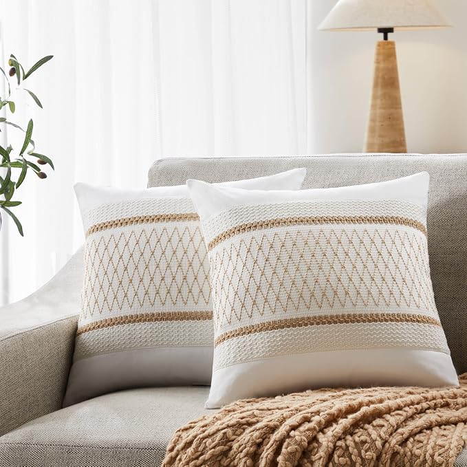 2pk Boho Pillow Covers 16x16, Natural White/Grid/Brown | 100% Organic Cotton Body, Stripe Embroidery, Farmhouse Decorative Cushion Covers for Sofa Bed Living Room Home Decor