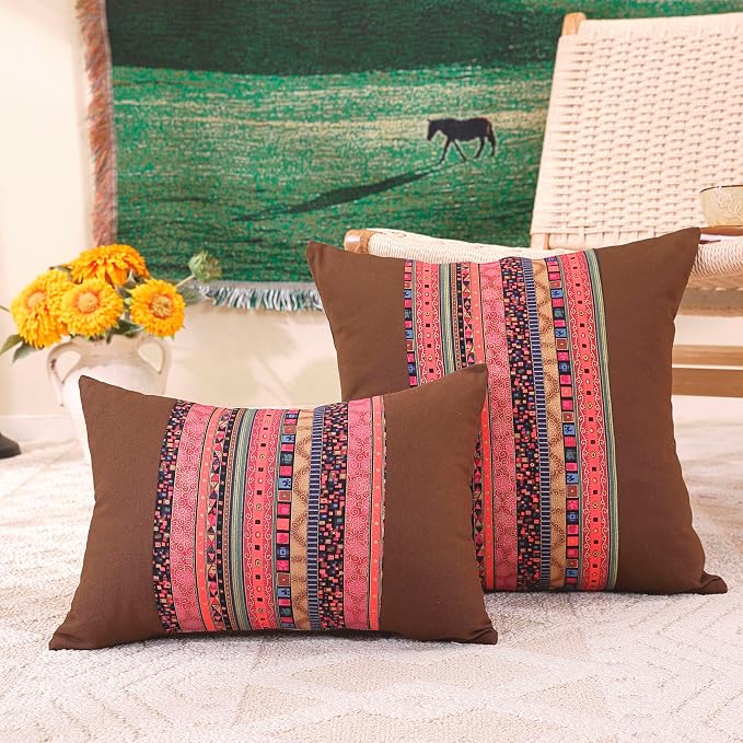TAOSON Pack of 2 Brown & Red Stripe Patchwork Throw Pillow Covers 12x20 Inch - Bohemian Farmhouse Cushion Cases with Hidden Zipper for Sofa & Bedroom (Cover Only)