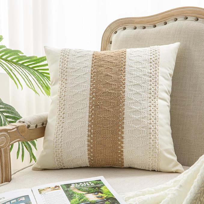 Throw Pillow Covers 1PC for Farmhouse Living Room, Cotton Causes The Size to be Smaller, 18x18 Inch / 45x45cm, Textured Striped Woven Boho Pillow Covers (Beige & Brown, Single Striped)
