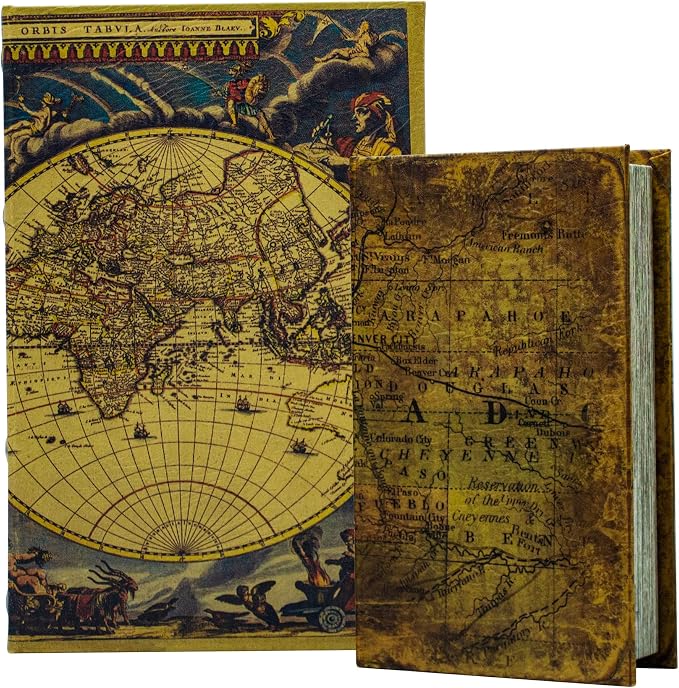 Decorative Book Box Set of 2, Trinket Keepsake Storage Boxes Book | Shaped Storage Box Vintage Style Decorative Faux Books Boxes Globe Antique Books for Home Decoration Old World Map Pattern