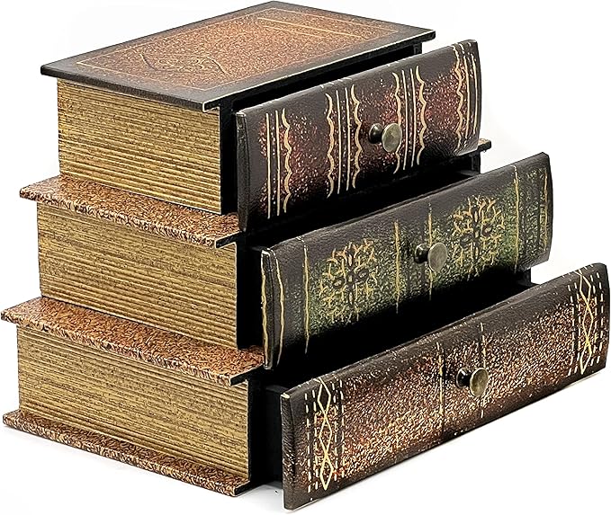 Bellaa 21093 Decorative Book Box with Drawers Hidden Storage Trinket Vintage Antique Flux Leather Wooden Boxes Organizer Retro Farmhouse Boho Home Decor 8 by 6 Inches