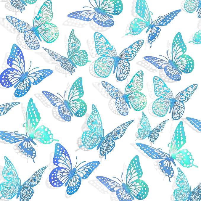 SAOROPEB 3D Butterfly Wall Decor 48 Pcs Laser Blue Butterfly Decorations | 4 Styles 3 Sizes, Butterfly Birthday Decorations Butterfly Party Decorations Cake Decorations, Removable Stickers