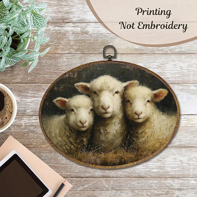 LKETW Vintage Sheep Oval Wall Art Decor, Neutral Cottagecore Lamb Oval Canvas Hanging Decor, Rustic Farmhouse Animal Wall Decorations For Home Living Room Farmhouse Gallery, 11.4x8.6 Inch