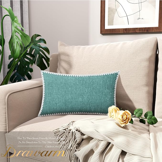 BRAWARM Chenille Throw Pillow Covers 12x20 Inches, Teal, 2 Pack | Decorative Lumbar Pillow Covers with Shell Edge, Soft Cushion Cases for Sofa Bed Living Room Home Farmhouse (No Insert)