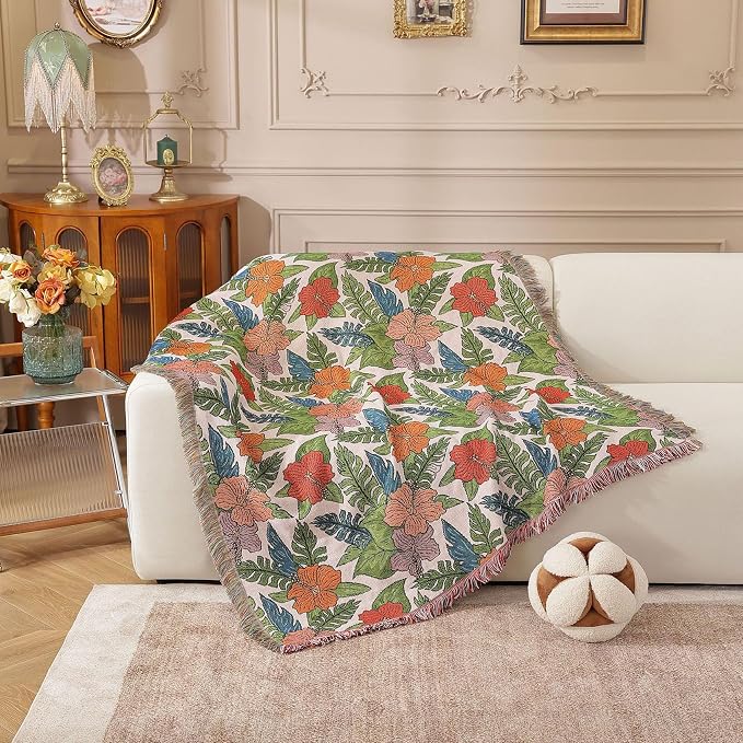 Homesy Boho Floral American Pastoral Southwest Throw Blanket 51"x63" | Southwest Decor,Modern Flower,Sofa Chair Cover,Outdoor Beach Car Tent Travel Camping Use,Tapestry,Reversible and Tassels