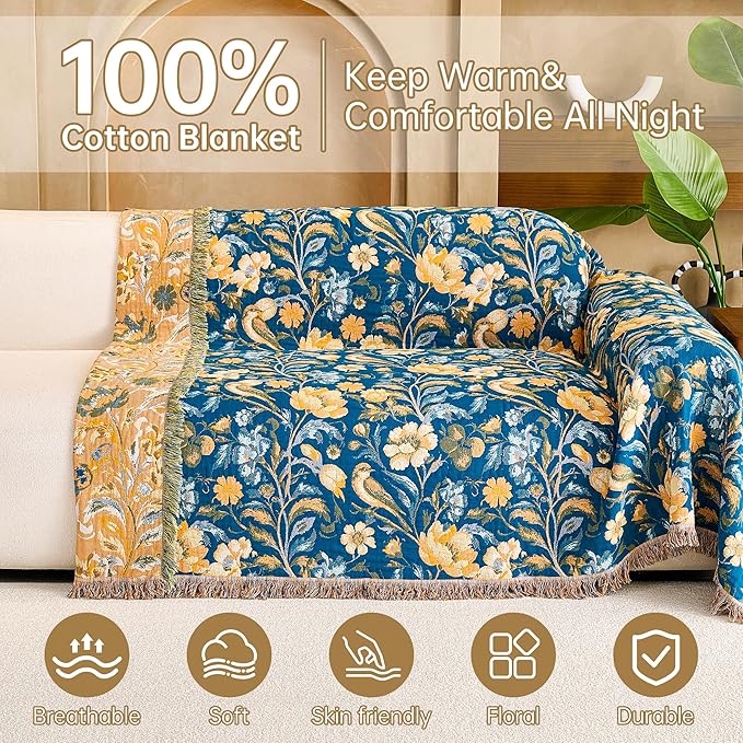 VANJOROY Boho Throw Blanket, 100% Organic Cotton Breathable Ultra Soft 80" x 90" Bed Quilt Throw - All Season Floral Rustic Farmhouse Decor Luxury Reversible Blanket for Sofa Couch Chair and Gift