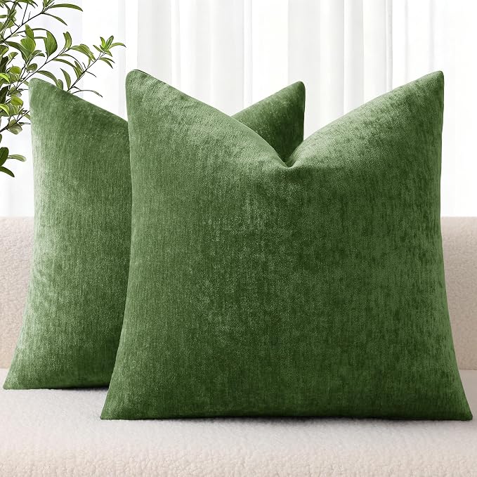 decorUhome Soft Chenille Moss Green Throw Pillow Covers 26X26 Set of 2 | Decorative Fall Couch Pillow Covers Solid Dyed Accent Modern Euro Sham Farmhouse Neutral Square Pillow Cases for Sofa