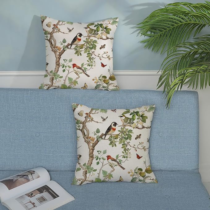 Chinoiserie Pillow Covers 18x18 Inch Set of 2 Green Floral Bird Throw Pillows Vintage Flower Decorations Pillow Cases Outdoor Chinoiserie Decor Farmhouse Linen Cushion Cover for Couch Home