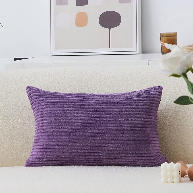 Home Brilliant 12x20 Pillow Cover Lumbar for Toddler Soft Striped Corduroy Rectangle Throw Pillow Covers for Sofa Bed Chair, 12 x 20 Inch (30x50cm), Purple