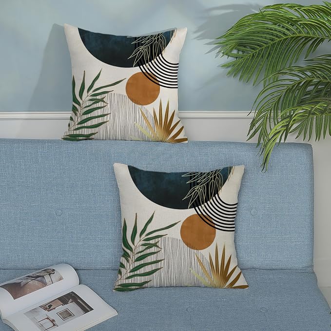 Boho Pillow Covers 18x18 Set of 2 Green Gold Navy Blue Throw Pillows Tropical Leaves Sunset Decor Modern Mid Century Pillowcase Outdoor Decorations Bohemian Linen Cushion Case for Couch Sofa