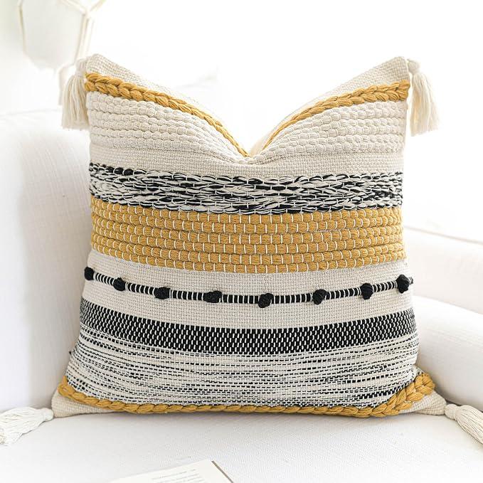 Yellow Mustard Decorative Throw Pillow Cover 18x18 Square Boho Accent Pillowcase Tassels Farmhouse Cushion for Couch Sofa Bedroom Living Room Home Décor Cover ONLY