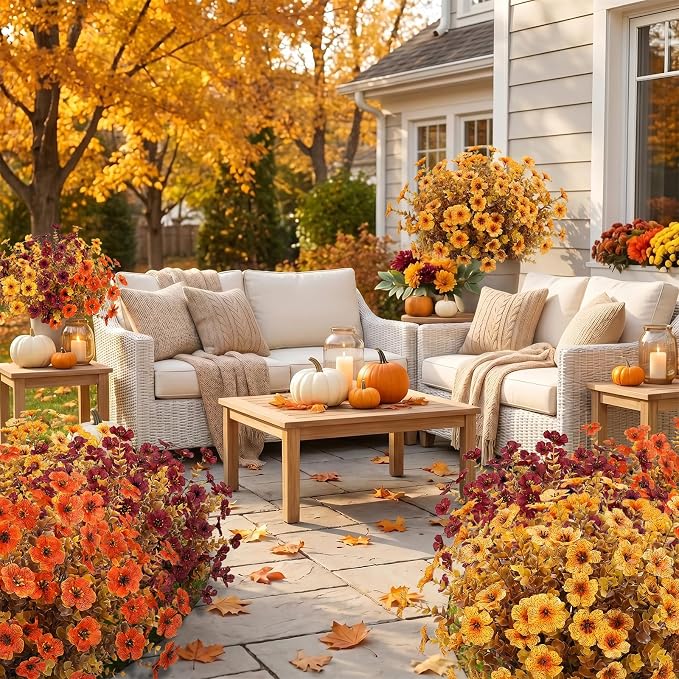 24 Pcs Artificial Fall Flowers, Fake Mums Outdoors, Deep Orange | Lifelike faux mums, silk flower, UV resistant, no-maintenance, for autumn Thanksgiving garden porch yard indoor outdoor decor