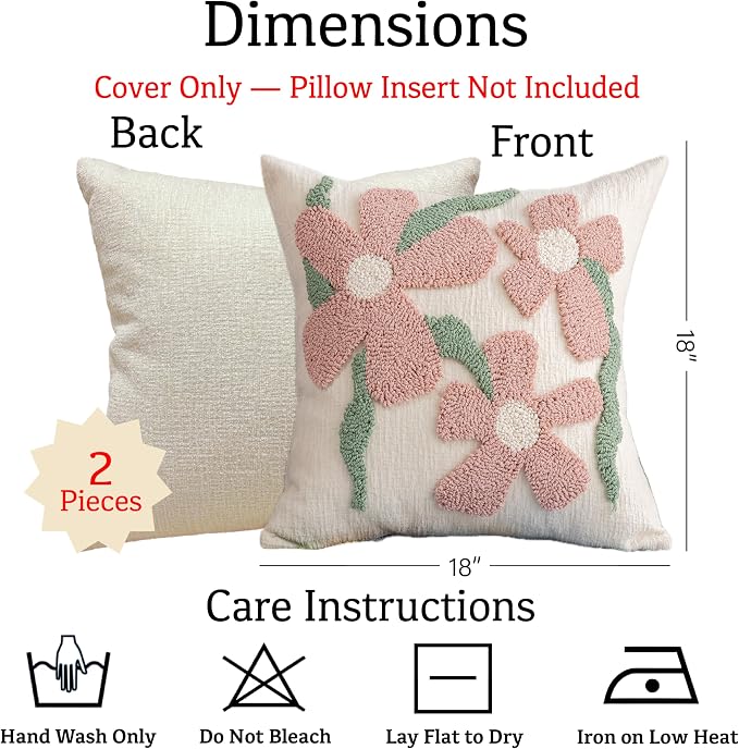 Summer Floral Throw Pillow Covers 18x18 Inch Set of 2, Chenille Embroidered Pillowcase with 3D Tufted Pink Flowers Sage Green Leaves, Boho Decorative Cushion Covers for Couch Sofa Bed