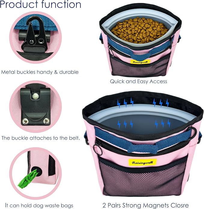 Raisingwell Dog Treat Pouch with Magnetic Closure 4-Cup Silicone Bag Fanny Pack Holder with Clicker 4 Ways to Wear Front Pocket Fits All Phones Ideal for Leash, Pet Walking and Training（Pink）