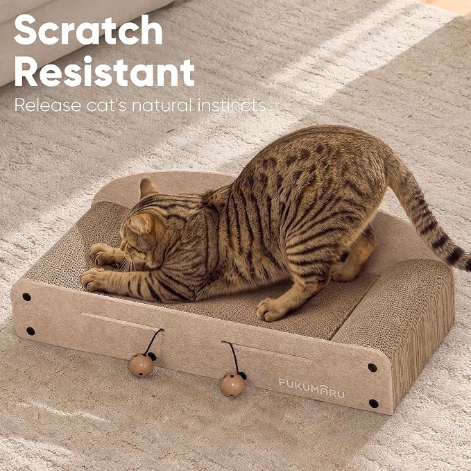 FUKUMARU Large Cat Scratcher Bed, 26 Inch Cat Scratching Bed Sofa Indoor | Cardboard Cat Scratcher with 2 Reversible Scratch Pad Refills, Durable Large Cat Scratching Lounger with Ball Toy, Beige