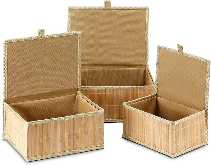 Honygebia Bamboo Decorative Storage Boxes - Set of 3 Woven Lined Storage Basket with Lids, Beige Wicker Lidded Baskets for Home Kitchen Shelf Organizer Decor