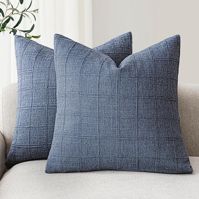 Foindtower Set of 2 Decorative Linen Check Throw Pillow Covers Neutral Farmhouse Vintage Cushion Covers Modern Coastal Boho Home Decor for Sofa Chair Couch Bedroom Living Room,24×24 Inch,Blue