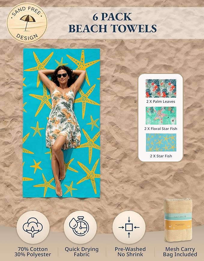 LANE LINEN Turkish Towels Set of 6, Beach Towels Oversized, Pre-Washed Pool Towel, Extra Large Beach Towel, Sandproof Beach Towel, Absorbent Travel Towel,39"x71" - Blue Shore