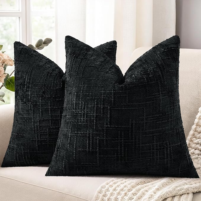 decorUhome Textured Chenille Throw Pillow Covers 20x20 Set of 2 Black | Fall Modern Farmhouse Soft Cozy Slubby Couch Pillow Cases Boho Decorative Pillow Cases for Bed Sofa Living Room Home Decor