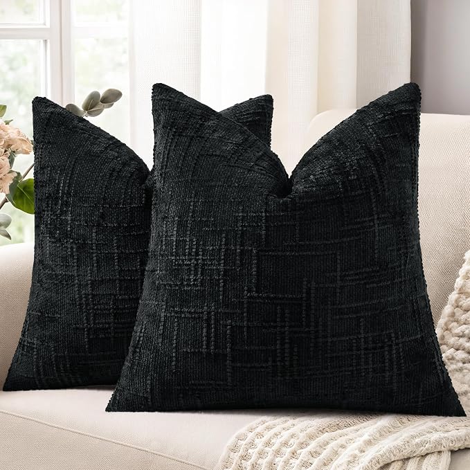 decorUhome Textured Chenille Throw Pillow Covers 26x26 Set of 2 Black | Fall Modern Farmhouse Soft Cozy Slubby Couch Pillow Cases Boho Decorative Pillow Cases for Bed Sofa Living Room Home Decor