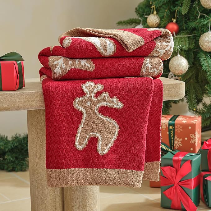 Christmas Knit Throw for Couch, Reversible Soft Cozy Chenille Blanket for Home Decor Gift for Family, 50" x 60", Christmas Gingerbread Cookie