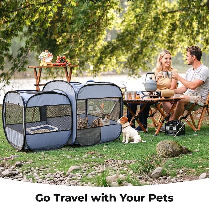 2-in-1 Portable Cat Playpen, Detachable into 2 Separate Cages with Additional 2 Doors, Pop up Pet Play Pen Cat Tent House, Foldable Puppy Enclosure Kitten Crates Indoors Outdoor(Grey)