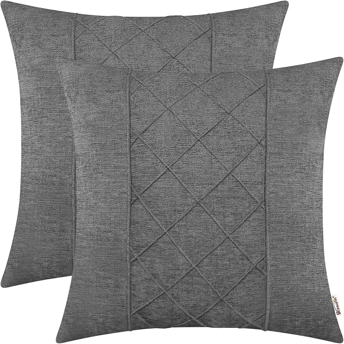BRAWARM Chenille Throw Pillow Covers 18x18 Inches, Gray, 2 Pack | Decorative Pleated Pillow Covers, Soft Cushion Cases for Sofa Bed Living Room Home Farmhouse (No Insert)