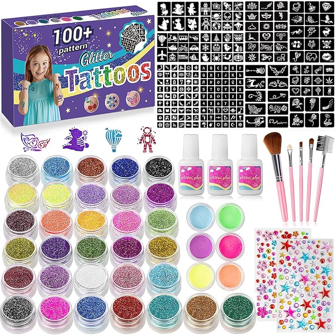 Temporary Glitter Tattoos Kids,32 Glitter Colors and 6 Fluorescent Colors,209 Stencils,2 diamond stickers,3 Glue,5 Brushes,Adults and Kids Arts Glitter Kit,Wonderful Holiday Gifts for Girls & Boys.