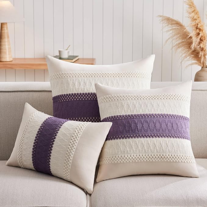2 Pack Boho Throw Pillow Covers, Contrast Purple 16x16in | Soft Breathable Cotton, Farmhouse Decorative Couch Pillow Cases, Cushion Covers for Sofa Bed Living Room Home Decor