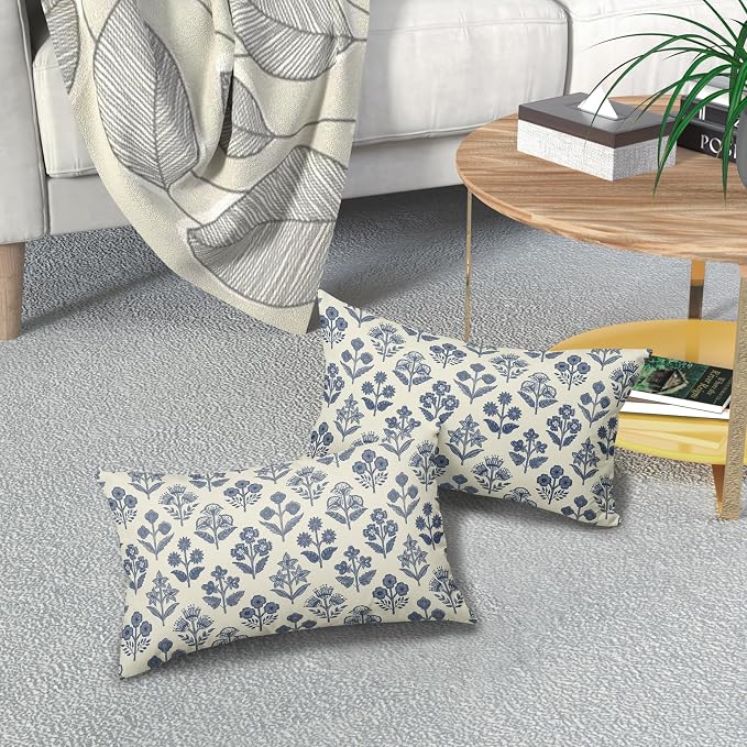 Dark Blue Floral Pillow Covers 12x20 Inch Set of 2, Block Print Lumbar Flower Cream Decorative Throw Pillowcases Outdoor Farmhouse Rectangle Cushion Covers Spring Summer Sofa Couch Bed Decor