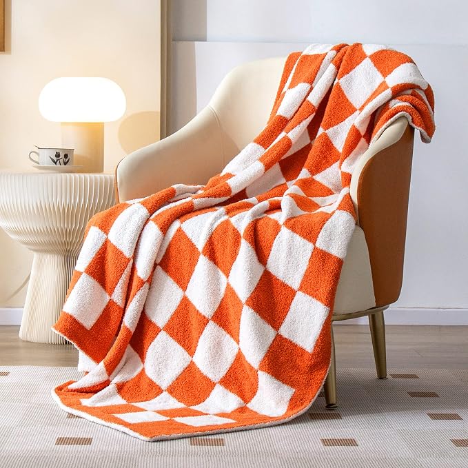 SeaRoomy Fuzzy Checkered Throw Blanket for Couch,Orange 51"X63" | Warm,Cozy,Fluffy,Lightweight,Gift for Women Couch Sofa Bed Room Home Decor