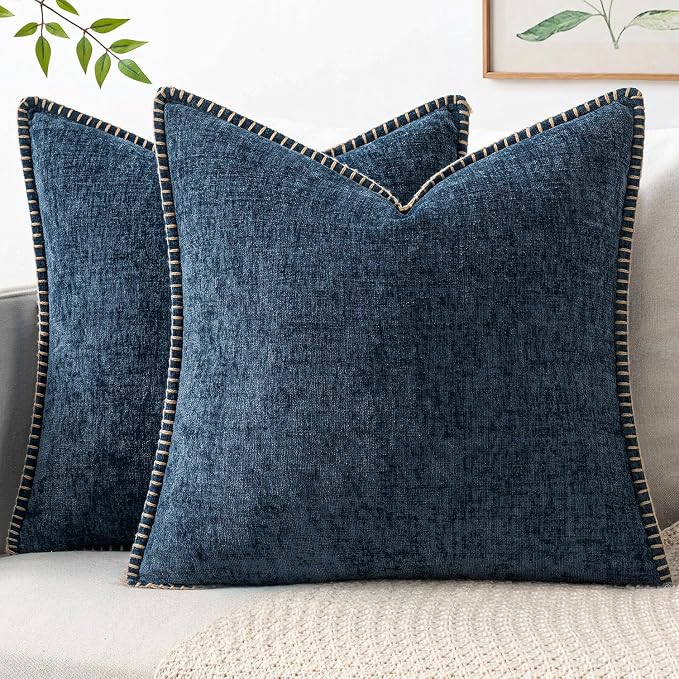 MIULEE Decorative Couch Throw Pillow Covers 16x16 Inch Dark Blue 2 Pack | Farmhouse Pillow Covers with Stitched Edge, Soft Chenille Cushion Cases, for Sofa Bed Living Room Home Decor