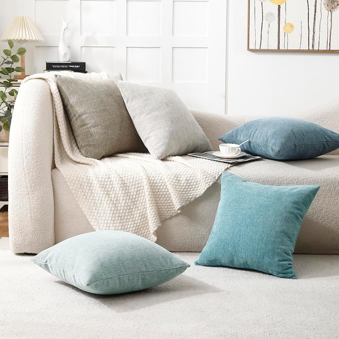 Pack of 2 Decorative Chenille Throw Pillow Covers, 24x24, Dusty Blue | Square Soft Cozy Concise Pillow Covers Modern Farmhouse Couch Cushion Cases for Sofa Bed Living Room Home Decor