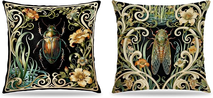 William Morris Inspired Vintage Floral Beetle Cicada Insect Pillow Covers 18x18 Set of 2,Nature Lover Gifts,Cottagecore Art Nouveau Insect Nature Decor Pillow Covers for Home Living Room Bedroom