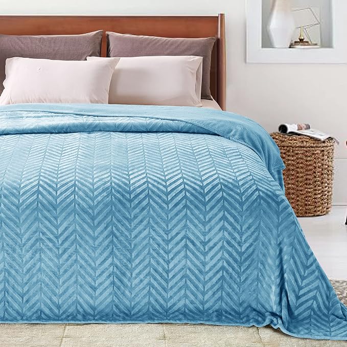 Whale Flotilla Flannel Fleece Fall Bed Blanket Twin Size, Stone Blue | Lightweight Breathable Soft Bedspread, Plush Fluffy Coverlet Chevron Design Decorative Blanket for Home Life, 60x80 Inch