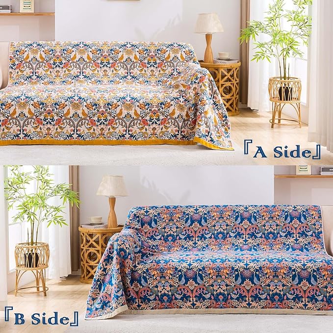XIBLC Boho Blanket Throw Quilt, 100% Cotton Soft Light Weight Throw Blankets for Summer, 50"x60" Farmhouse Flower Decorative Blankets, All Season Rustic Reversible Bohemian Throw Quilt