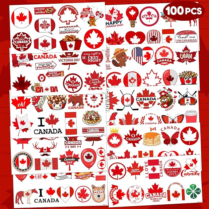 Canada Temporary Tattoos Happy Canada Day Party Decorations Favors Supplies Themed Cute Stickers 10 Sheets 100 PCS Gifts for Baby Girls Boys Class School Carnival
