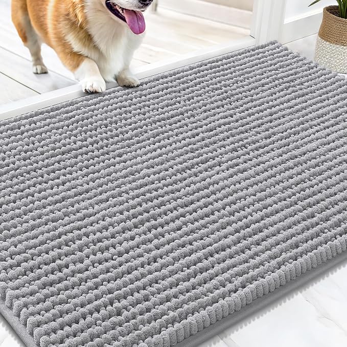 OLANLY Dog Door Mat for Muddy Paws 30x20, Extra Absorbent Chenille Mud Mat | Light Grey, Absorbs Moisture and Dirt, Non-Slip Machine Washable Doormat, Quick-Drying Indoor Entryway Floor Mat for Dogs