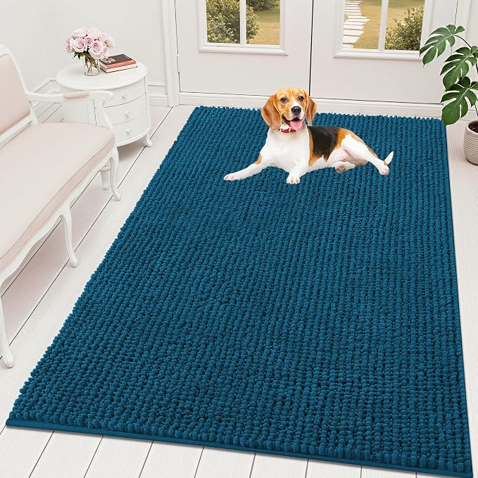 OLANLY Dog Door Mat for Muddy Paws 70x46, Extra Absorbent Chenille Mud Mat | Atlantic Blue, Absorbs Moisture and Dirt, Non-Slip Machine Washable Doormat, Quick-Drying Indoor Entryway Floor Mat for Dogs