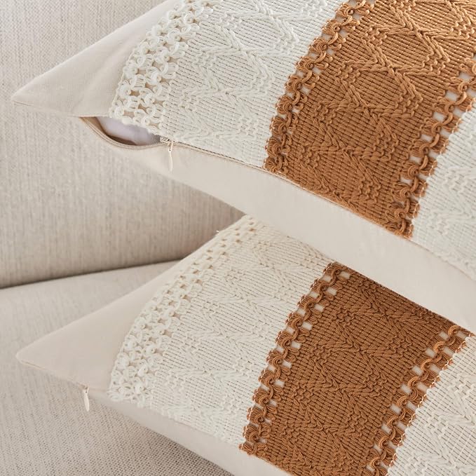 2 Pack Boho Throw Pillow Covers, Contrast Caramel 24x24in | Soft Breathable Cotton, Farmhouse Decorative Couch Pillow Cases, Cushion Covers for Sofa Bed Living Room Home Decor