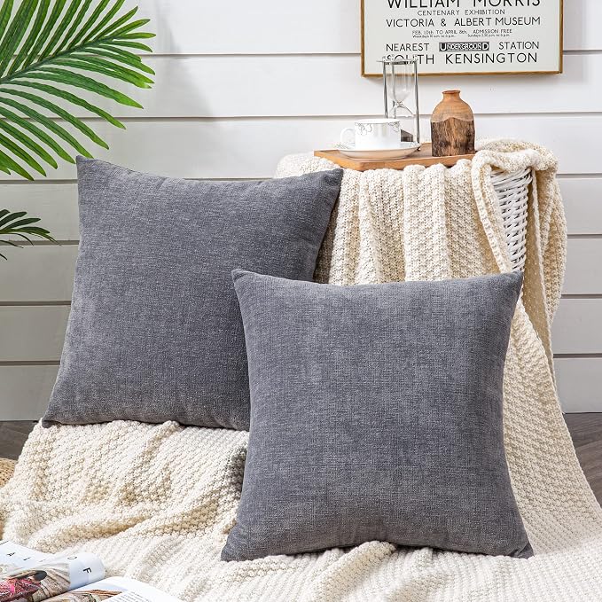 GAWAMAY Decorative Throw Pillow Covers 16x16 Inch Set of 2, Super Soft Chenille Square Pillows Farmhouse Fall Pillowcase for Living Room Bedroom Sofa Couch Cushion Cover Grey 40x40cm (No Insert)