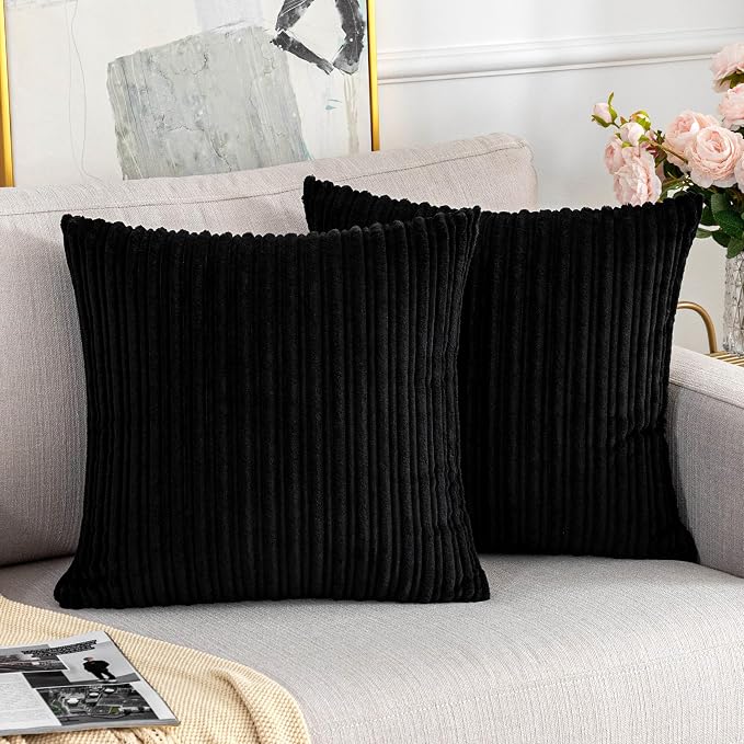 UGASA Striped Textured Velvet Corduroy Pillow Covers Decorative Sham Throw Pillow Cushion Cover for Couch, 2 Pcs, (50x50cm, 20inch), Black