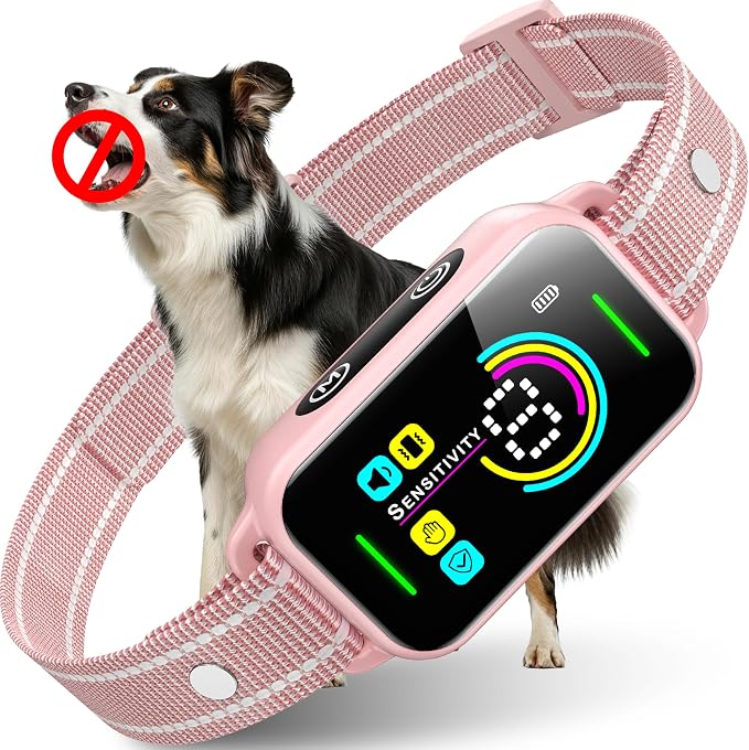 DINJOO Bark Collar for Large Medium Small Dogs - Smart AI 1S Stop Barking, Anti Barking Device & Dog Training Collar with Beep, Vibration & 8-Level Sensitivity, IP67 Waterproof - Pastel Pink