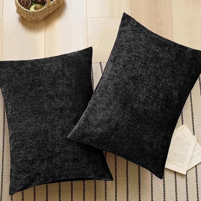 CaliTime Decorative Standard Throw Pillow Covers 26 X 20 Inches Black | Pack of 2, Cozy Chenille Cushion Cases for Sofa Bed Living Room Farmhouse Home
