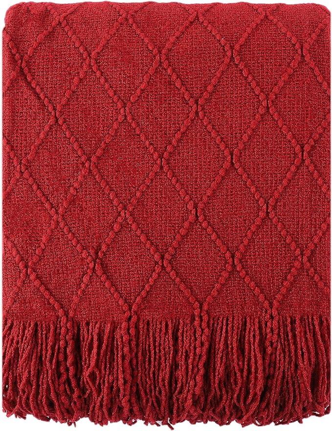 BATTILO HOME Christmas Decor Red Throw Blanket for Couch, Boho Bed Throws for Foot of Bed, Decorative Red Throws for Sofa Living Room, 50"x60" | Boho Throw Blanket for Foot of Bed, Decorative Knit Red Throw for Sofa Living Room