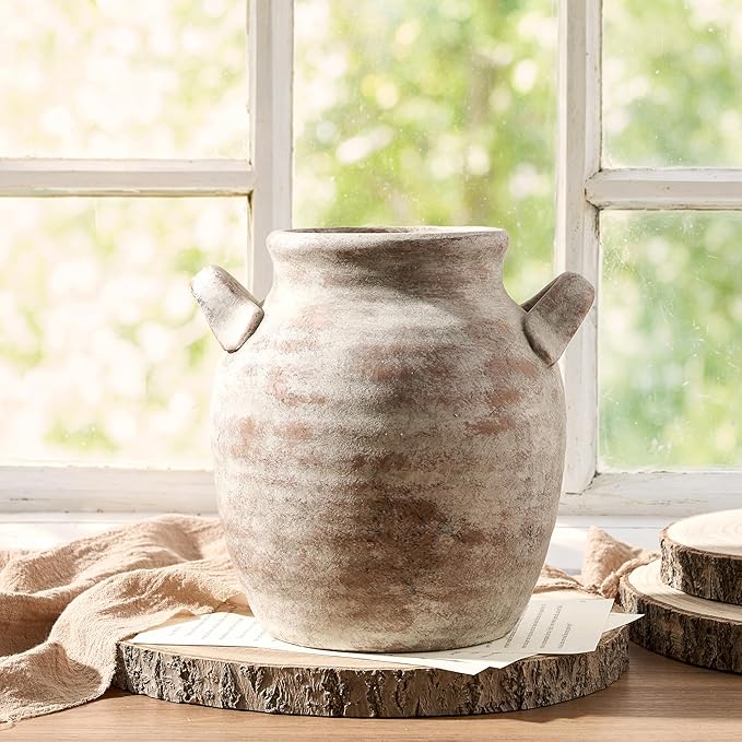 Vanselia Ceramic Flower Vase Home Decor - Farmhouse Table Vases with Handle Living Room Decoration Vintage Decorative Aesthetic for Shelf Coffee Dining Desk House Bookshelf Fireplace (7.1" Retro)